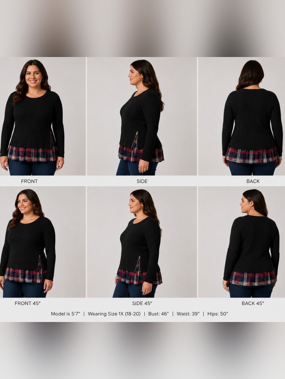 🍈 Torrid Black Long Sleeve Sweater With Plaid Hem And Zipper Accent